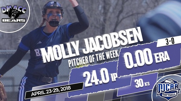 DMACC's Molly Jacobsen Named NJCAA and ICCAC Division II Pitcher of the Week